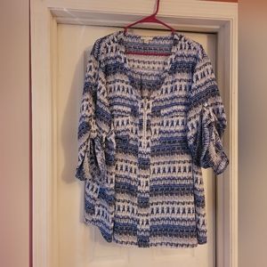 Cato silky blouse with zipper and 3/4 length sleeves a pretty blue and white.